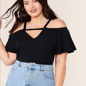 Plus Size Strappy Neck Ruffle Sleeve Top